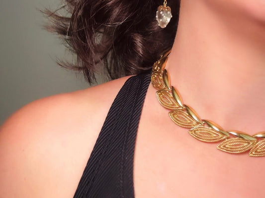 Gold Double Leaf Necklace, Vintage Chunky Gold Necklace, Bold And Beautiful Style, Authentic Vintage Jewelry, Adjustable Gold Leaf Choker