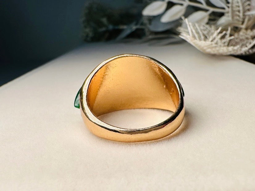 Vintage Green Cocktail Ring, Chunky Gold Ring with Three Bright Jade Cabochons, Stunning Large Statement Ring Size 9