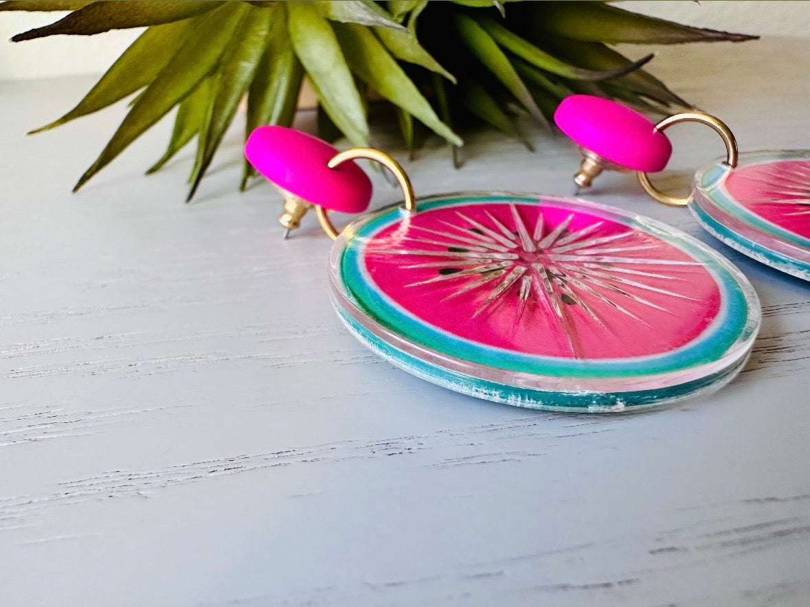 Vintage Watermelon Earrings, Hot Pink 1993 Tooty Fruity Summer Fruit Earrings, Vintage Acrylic 90s Does 60s Retro Watermelon Slice Earrings