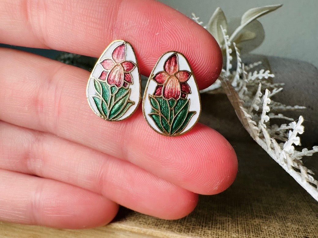 Vintage Flower Earrings, Gorgeous White Enamel Teardrops with Pink Green and Gold Cloisonné