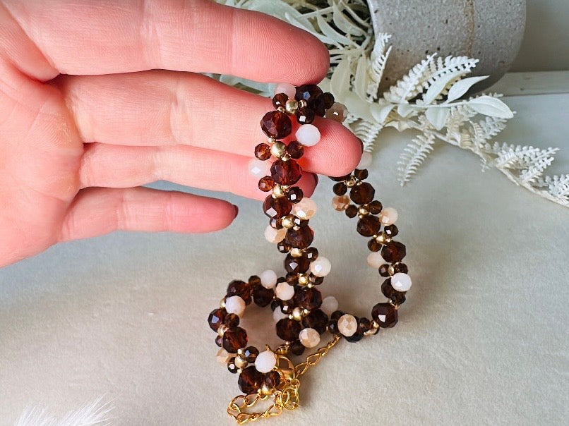Crystal Choker Necklace, Handmade Beaded Necklace in Fiery Brown, Gold, Amber and Champagne