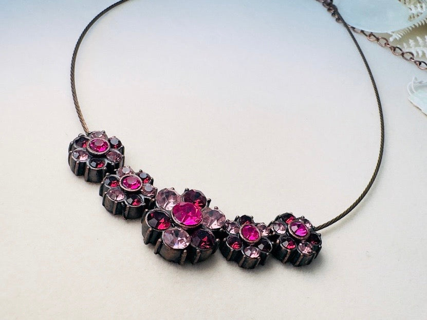 1928 Magenta Pink Rhinestone Floral Bronze Wire Necklace, 90s/Y2K NWT