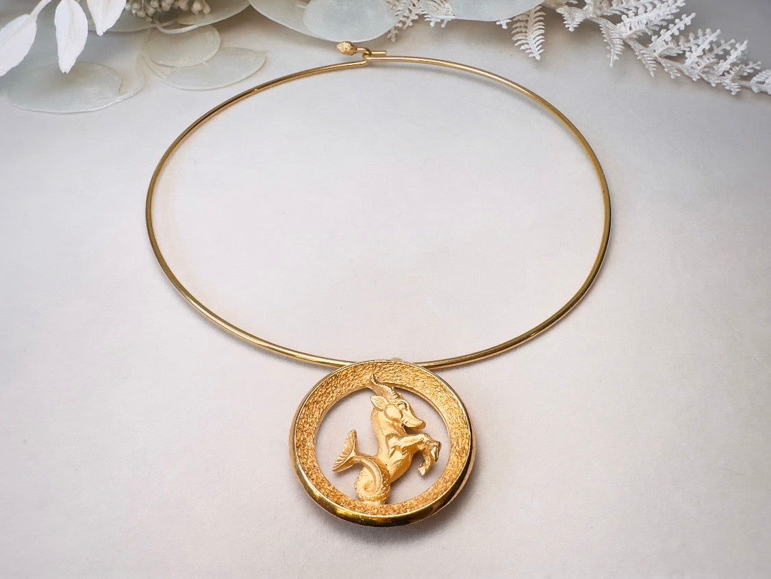 Capricorn Zodiac Necklace, Rare Signed Crown Trifari Designer Matte Gold Hoop Choker Astrology Necklace