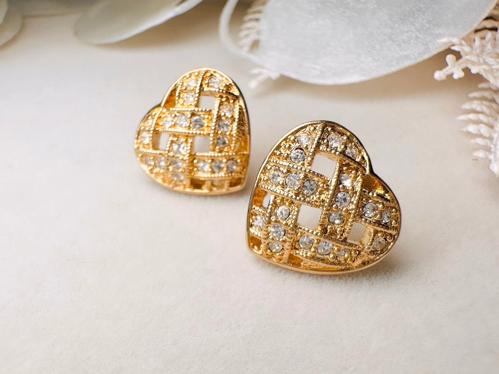 Napier Heart Earrings, Woven Gold Pave Crystal Designer Vintage Earrings