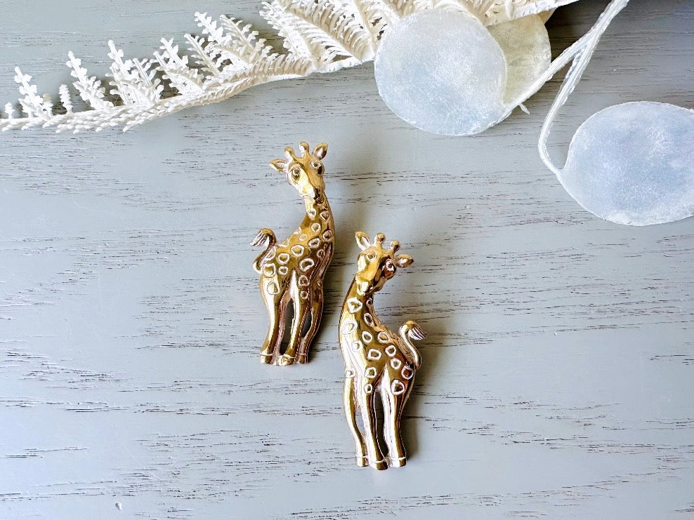 Vintage Giraffe Earrings, White and Gold Pierced Post Earrings with Moveable Head, Convertable Stud to Dangle Earrings, Animal Lover Gifts