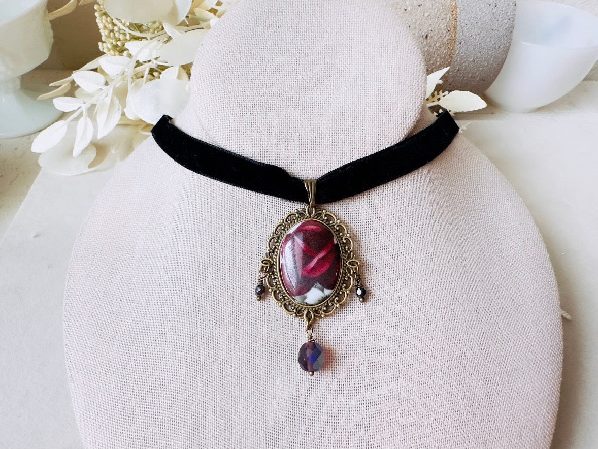 Victorian Choker with Burgundy Rose Vintage Cameo and Black Velvet Ribbon, Handmade Gothic Choker with Flower Pendant and Crystals