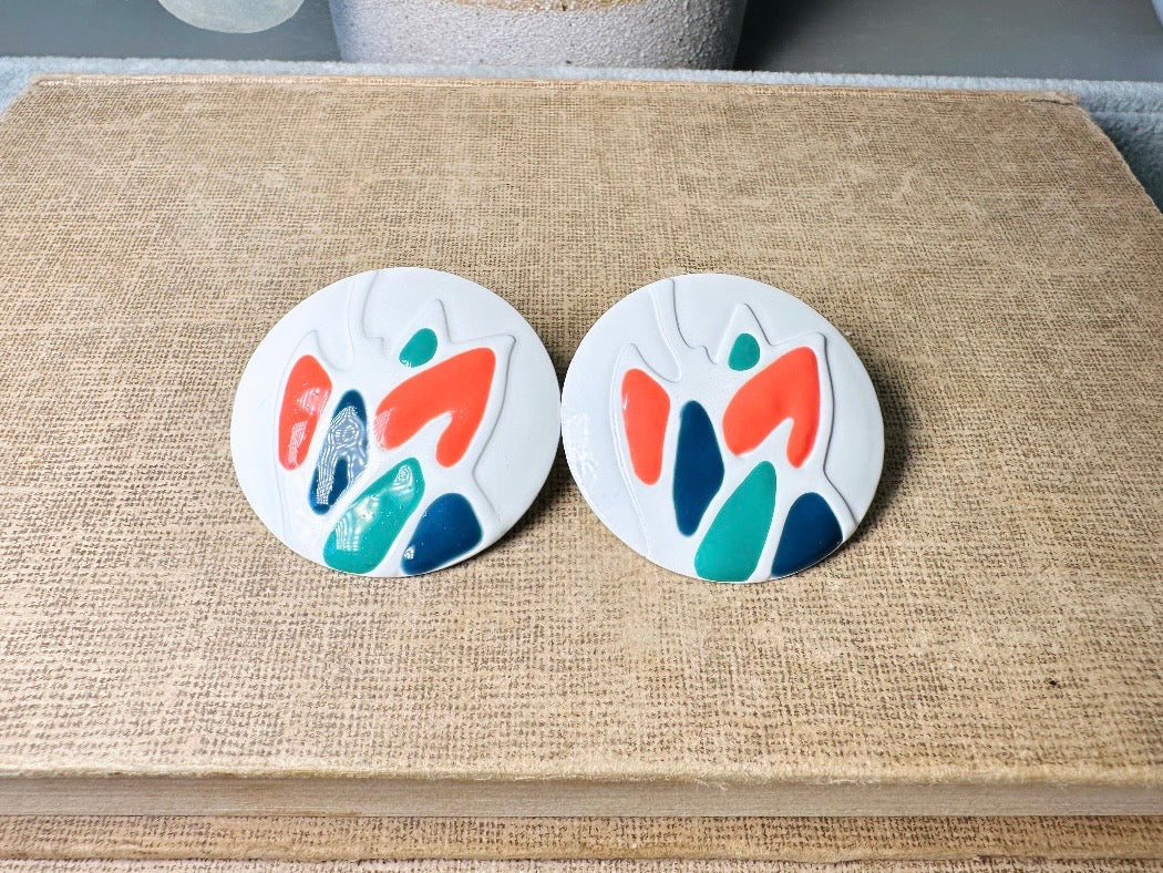 Teal Orange Blue and White Oversized Geometric Enamel Earrings, Fun 1980's Vintage Earrings, Colorful Interesting Retro Painted Earrings