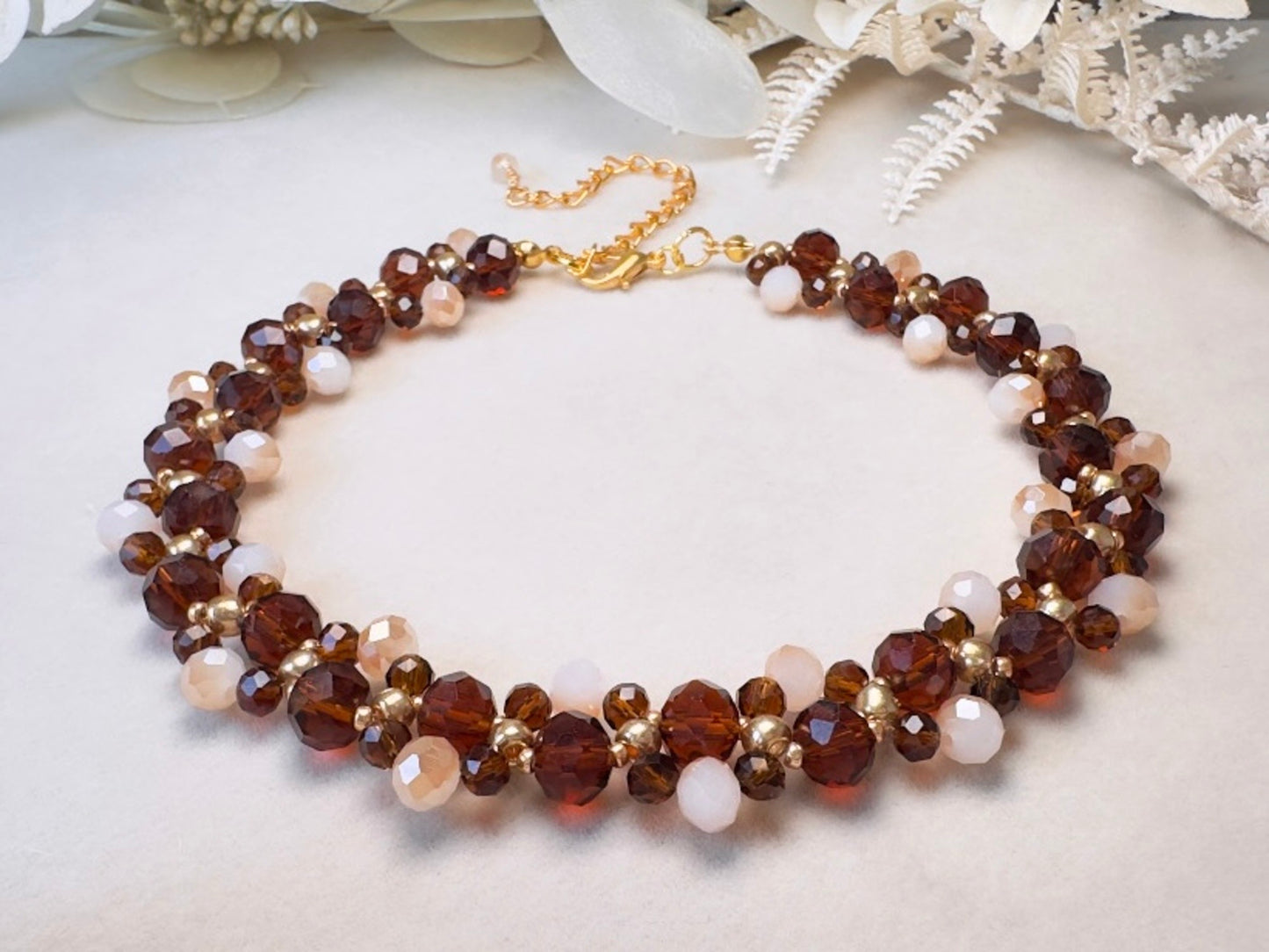 Crystal Choker Necklace, Handmade Beaded Necklace in Fiery Brown, Gold, Amber and Champagne