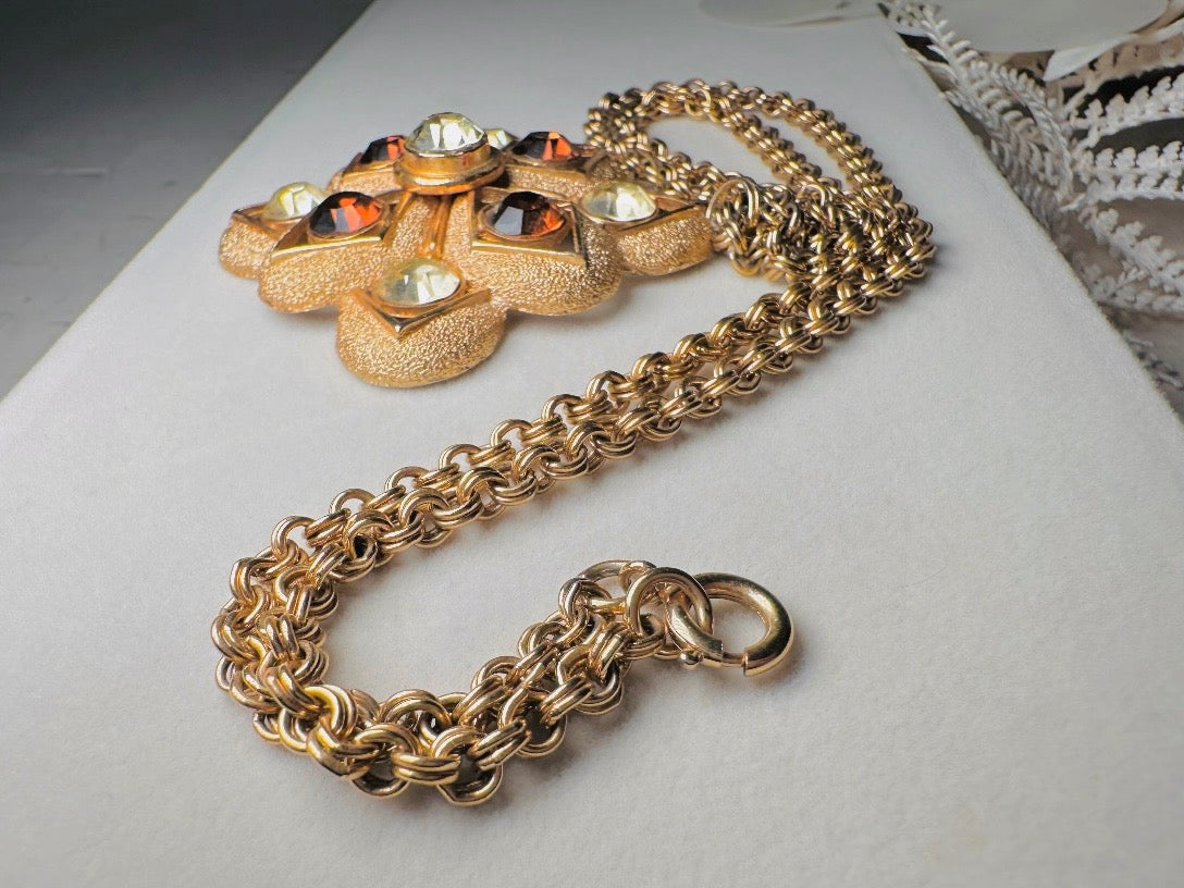 Vintage Maltese Cross Pendant Necklace with Topaz and Citrine Crystals, 1970s Gold Starburst Necklace, Big Bold 70s Pendant Necklace