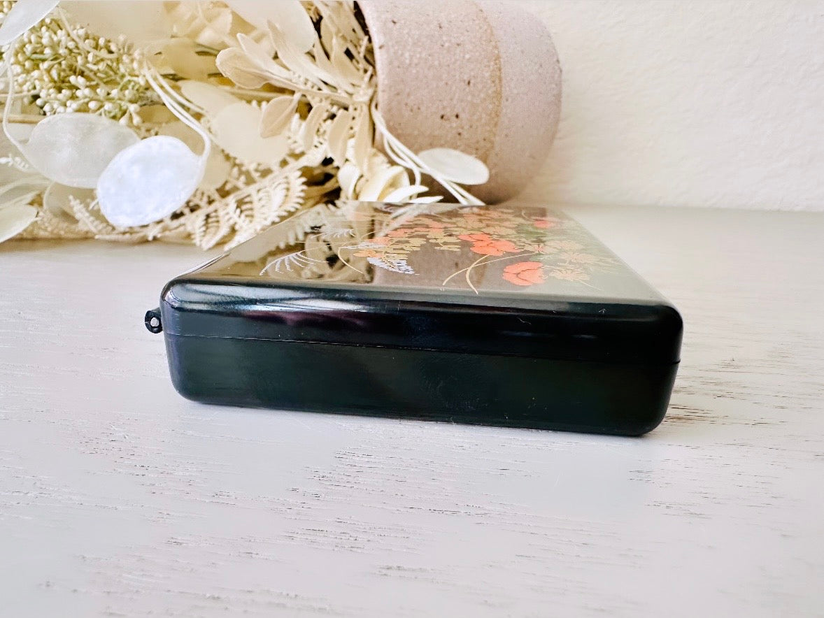 Vintage Jewelry Box, Mini Flower Travel Trinket Box, Black Laquer Plastic Floral Jewelry Box with Red Felt Dividers and Mirror, from 1984
