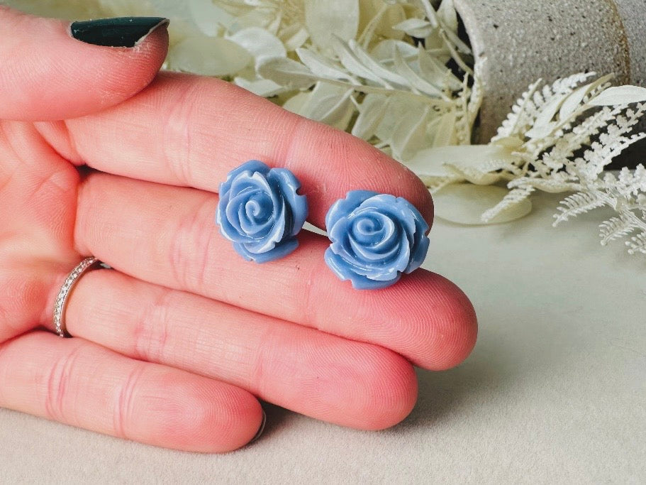 Flower Stud Earrings, Dusty Blue Earring, Large Rose Earrings, Rose Stud Earring, Big Flower Earrings, Resin Stud Earring, Hypoallergenic