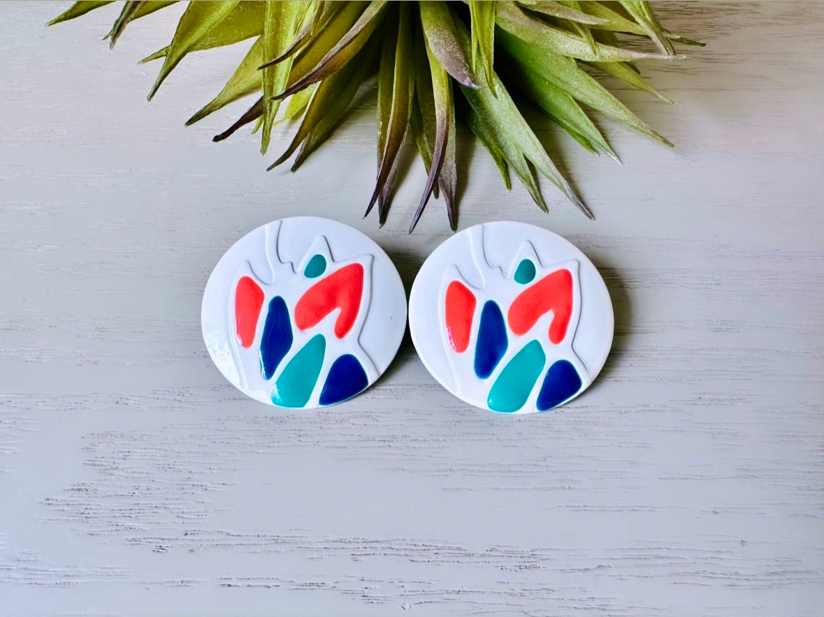 Teal Orange Blue and White Oversized Geometric Enamel Earrings, Fun 1980's Vintage Earrings, Colorful Interesting Retro Painted Earrings