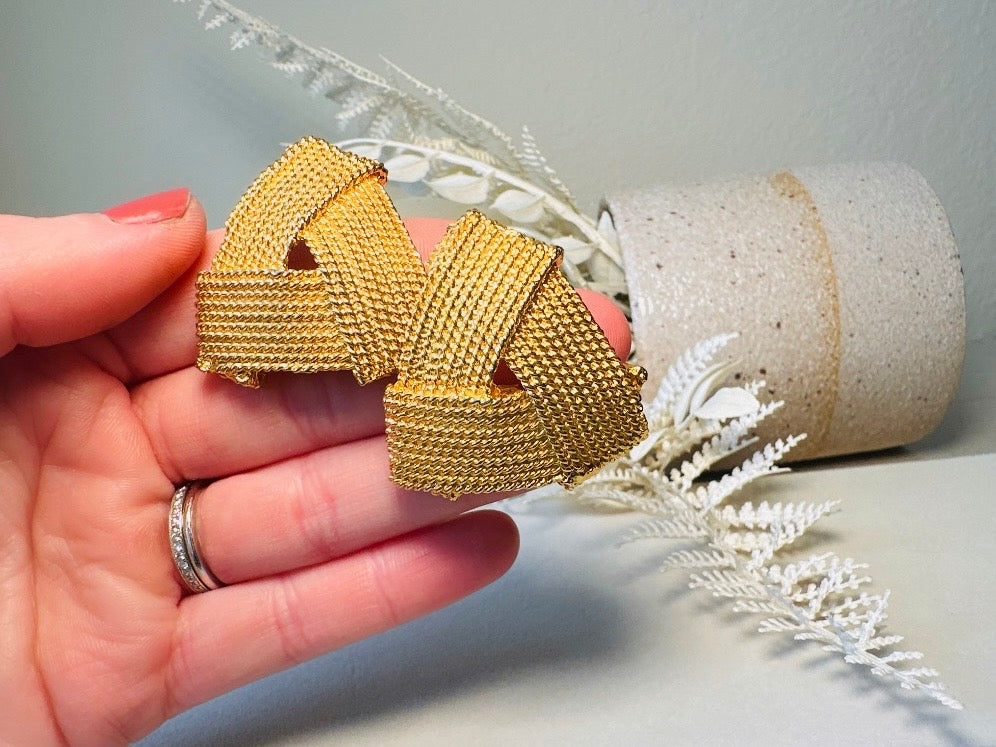 Gold Triangle Earrings, 80s Vintage Bold Runway Earrings, Retro Basket Weave Oversized Matte Gold Clip On Statement Earrings