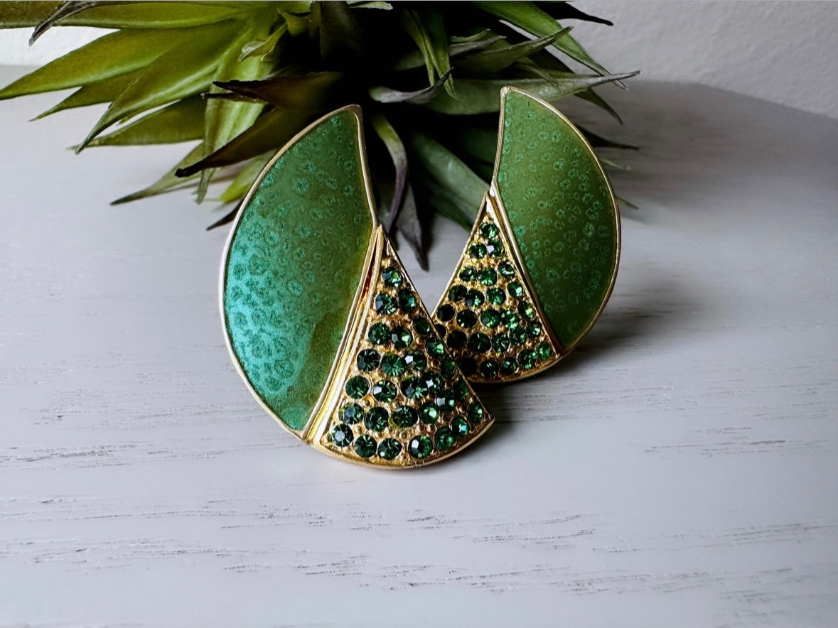 Stunning Green 80s Berebi Vintage Earrings, Green Rhinestone & Pearlized Enamel Green and Gold Crescent Converted Clip-On Statement Earrings