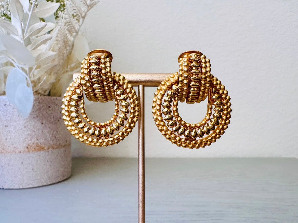 Gold Door Knocker Earrings, Glam 80s Vintage Textured Gold Hoop Clip On Earrings, 1980s Retro Fashion Earrings, Chunky Statement Earrings from Piggle and Pop