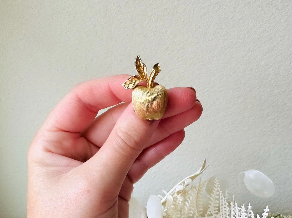 Gold Apple Brooch, 1974 Gilded Apple Vintage Brooch, Brushed Gold Understated Pin, Pretty Teacher Gift Back to School, Quirky Cute Fruit Pin