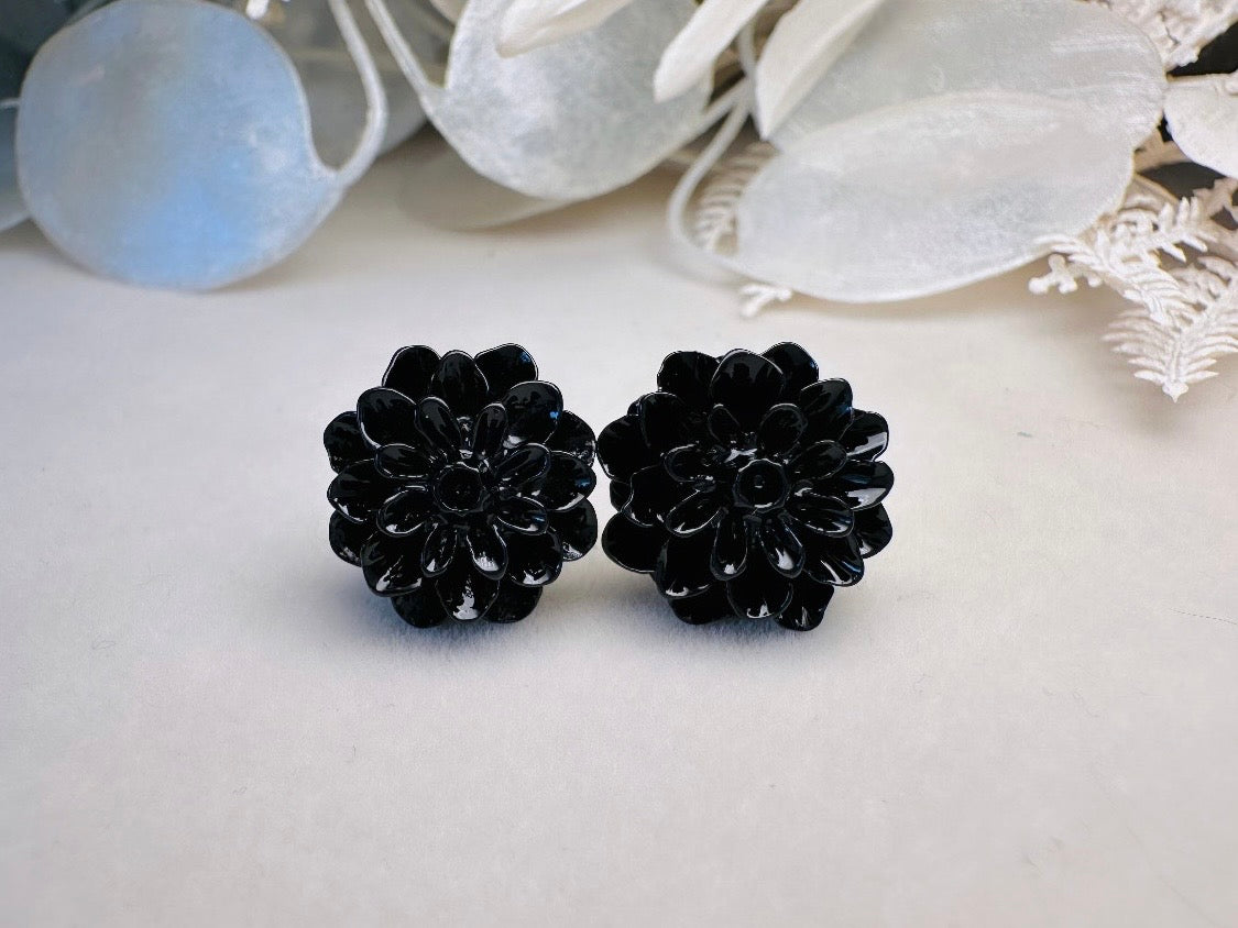 Black Flower Studs, Black Dahlia Earrings, Cute Flower Earrings, Black Flower Earring