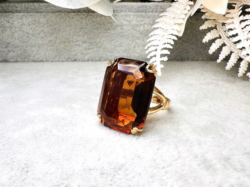 Vintage 70s Ring, Large Solitaire Topaz Rectangle Emerald Cut 1978 Smoky Lustre November Birthstone Cocktail Ring, Chunky Costume Jewelry