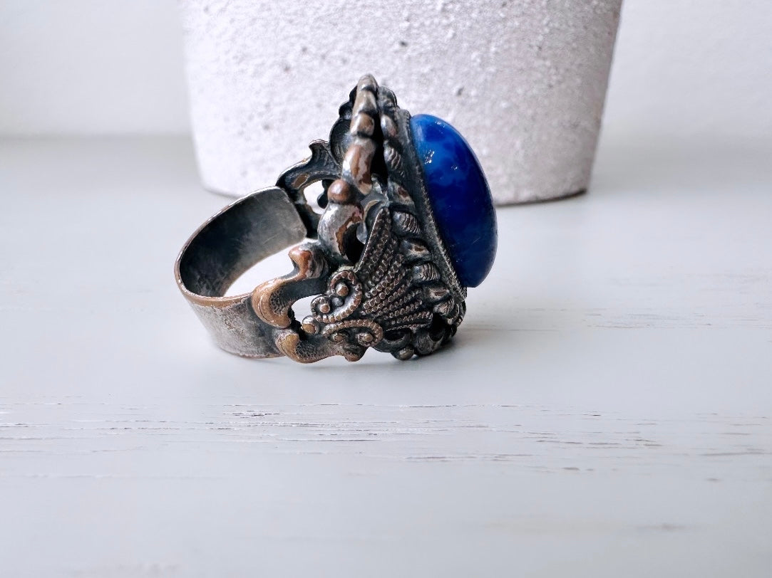 Vintage Lapis Lazuli Ring, Oversized Gemstone Ring, Blue Stone Ring, Natural Blue Ring, Pyrite Flecks, Bohemian Boho Big Ring Size 7