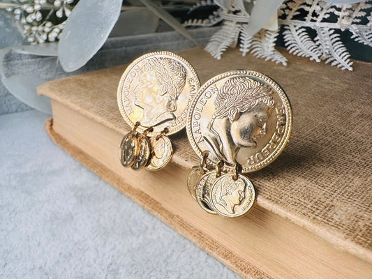 Gold Coin Earrings, Vintage 1970s Roman Earrings, 1971 Napoleon Gold Medallion Chandelier Earrings, Etruscan Style Dangle Charm Earrings