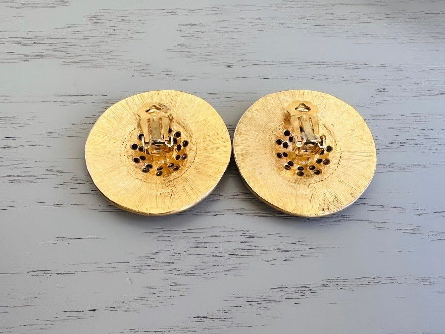 Vintage Gold Etruscan Disc Clip On Earrings, Hammered Gold Earrings, Oversized Gold Coin Clip On Vintage Earrings