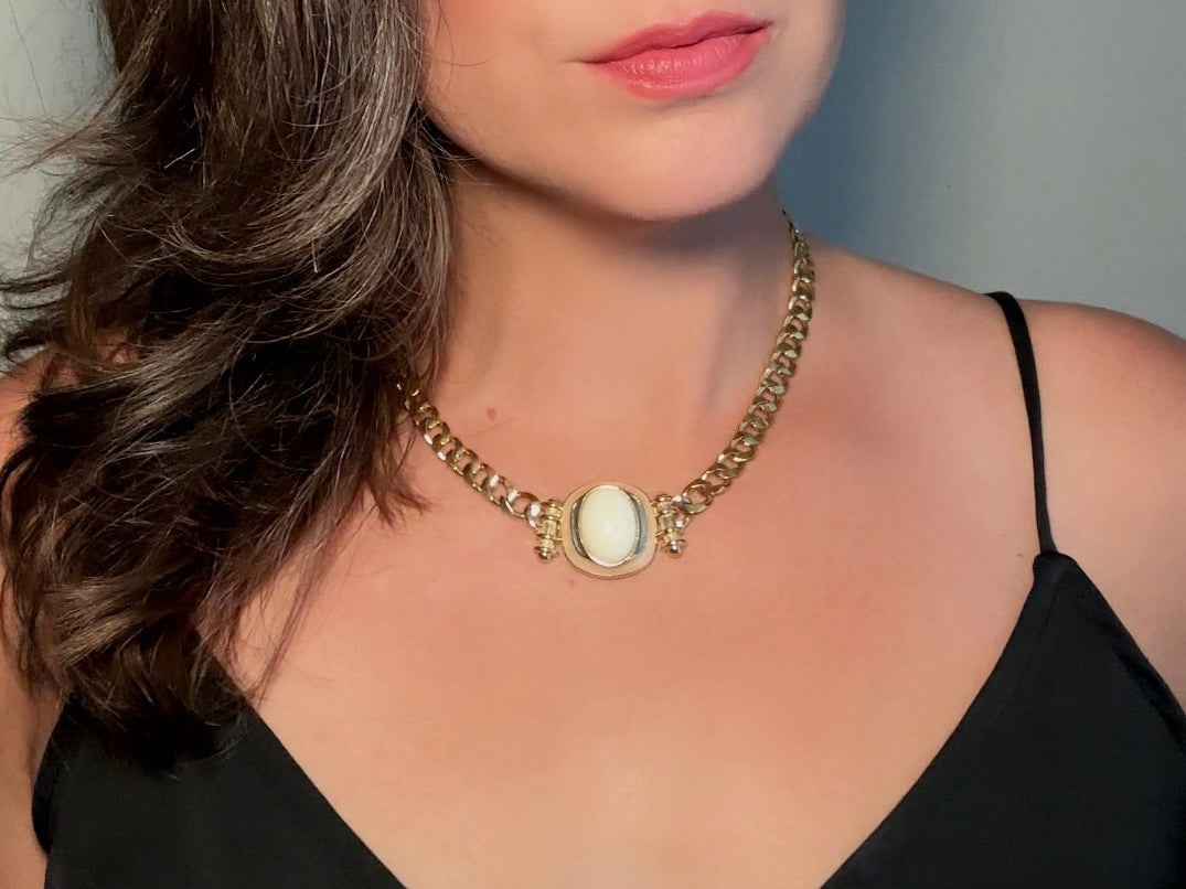 Vintage Trifari Chain Choker Necklace with Cream Cabochon Focal, 1970s Abstract Enamel and Chunky Gold Chain Geometric Necklace