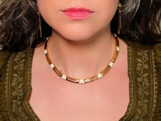 Vintage Monet Necklace in Cream and Gold, 1970s Vintage Designer Jewelry, Geometric Gold Bar Panel Link Choker Necklace, Adjustable Length