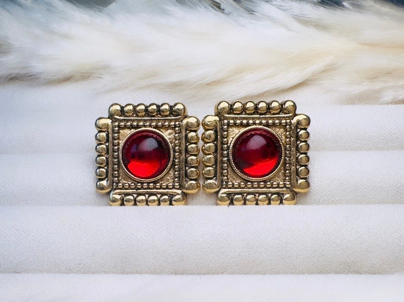Red Gripoix Earrings, Vintage 1928 Post Earrings, Embossed Gold Square Earrings with Glowing Red Cabochons