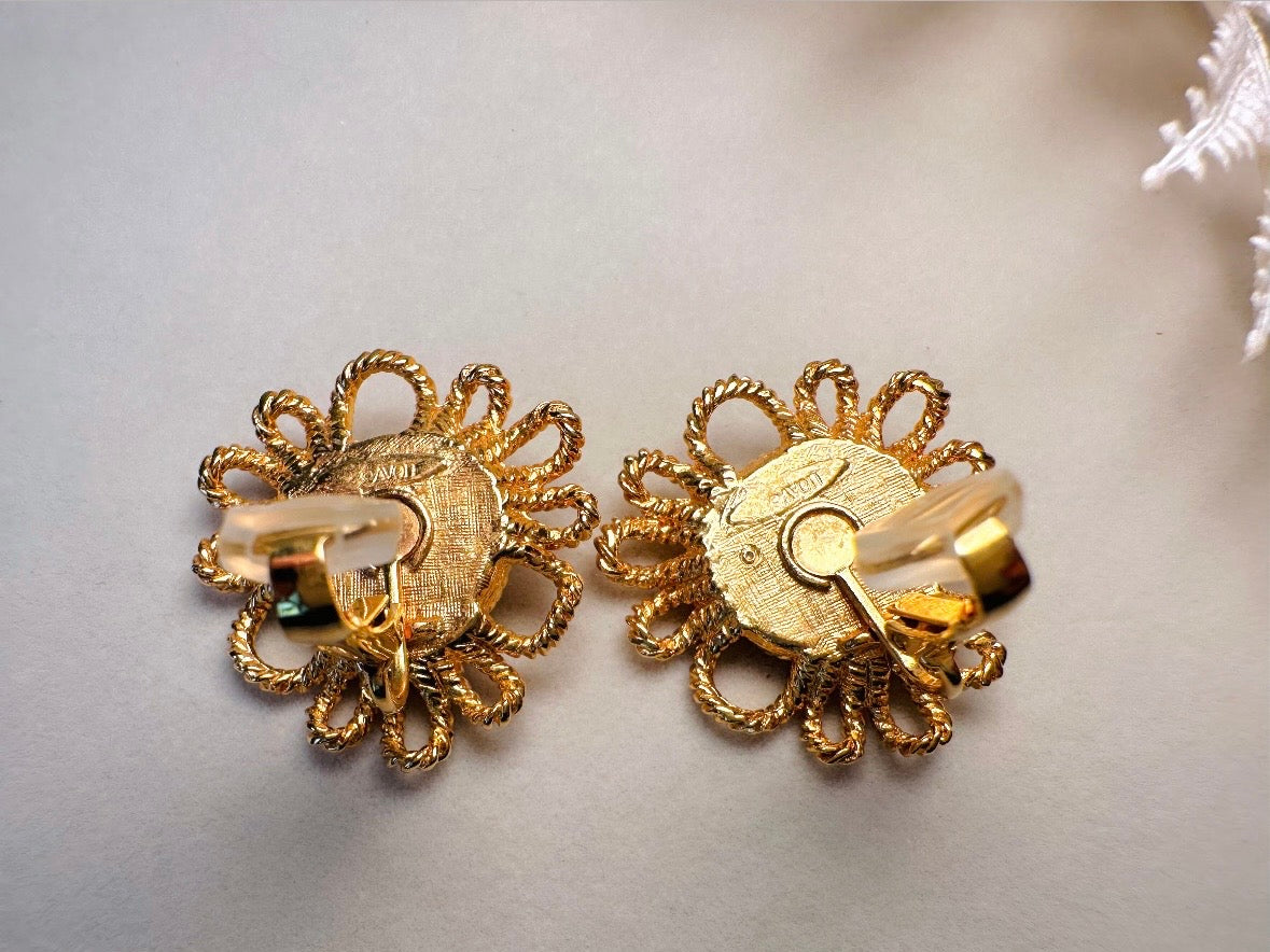 Vintage Blush Pearl Earrings, Gorgeous Pink Faux Pearl Cabochon & Burnished Gold Floral Clip On Earrings