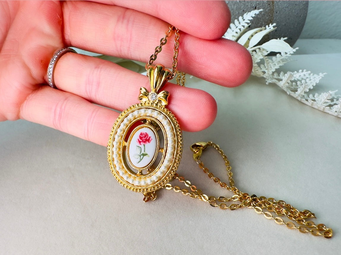 Pink Rose Vintage Pendant Necklace, Ceramic Rose and Pearl Openwork Vintage Avon Necklace, Rare Long Chain Necklace 31", Romantic