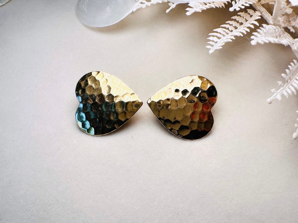 Gold Heart Earrings, Textured Hammered Gold Heart Shaped Clip on Earrings