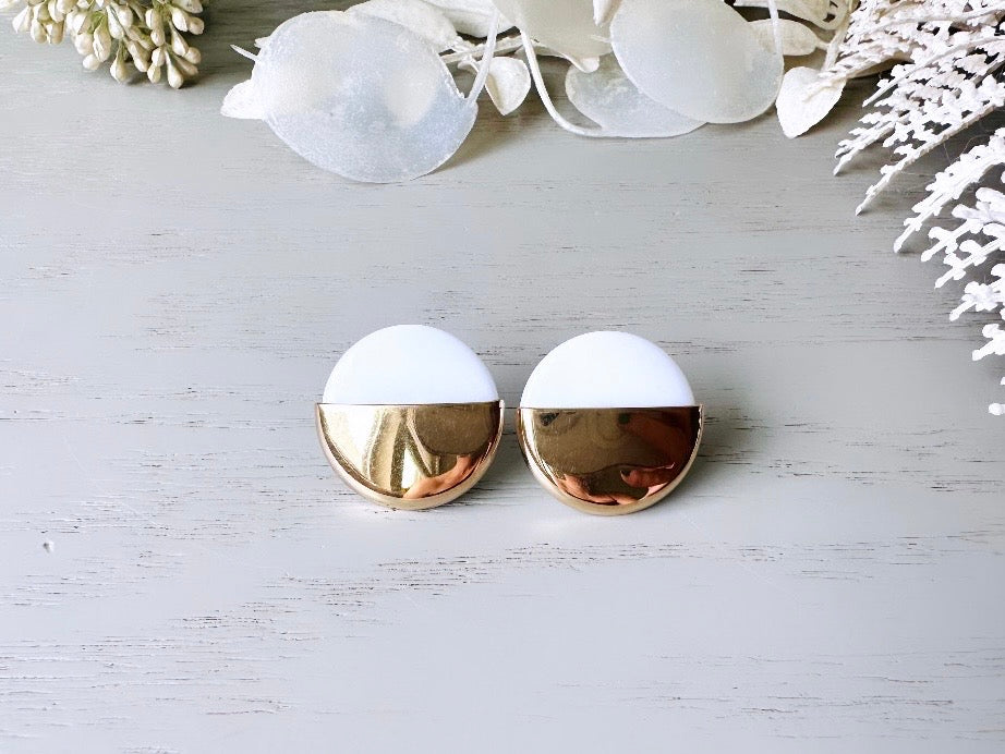 White & Gold Earrings, Vintage 1980's Stud Earrings, Round Acrylic Posts with Gold Half Moon Overlay, Interesting Pierced Post Gold Earrings