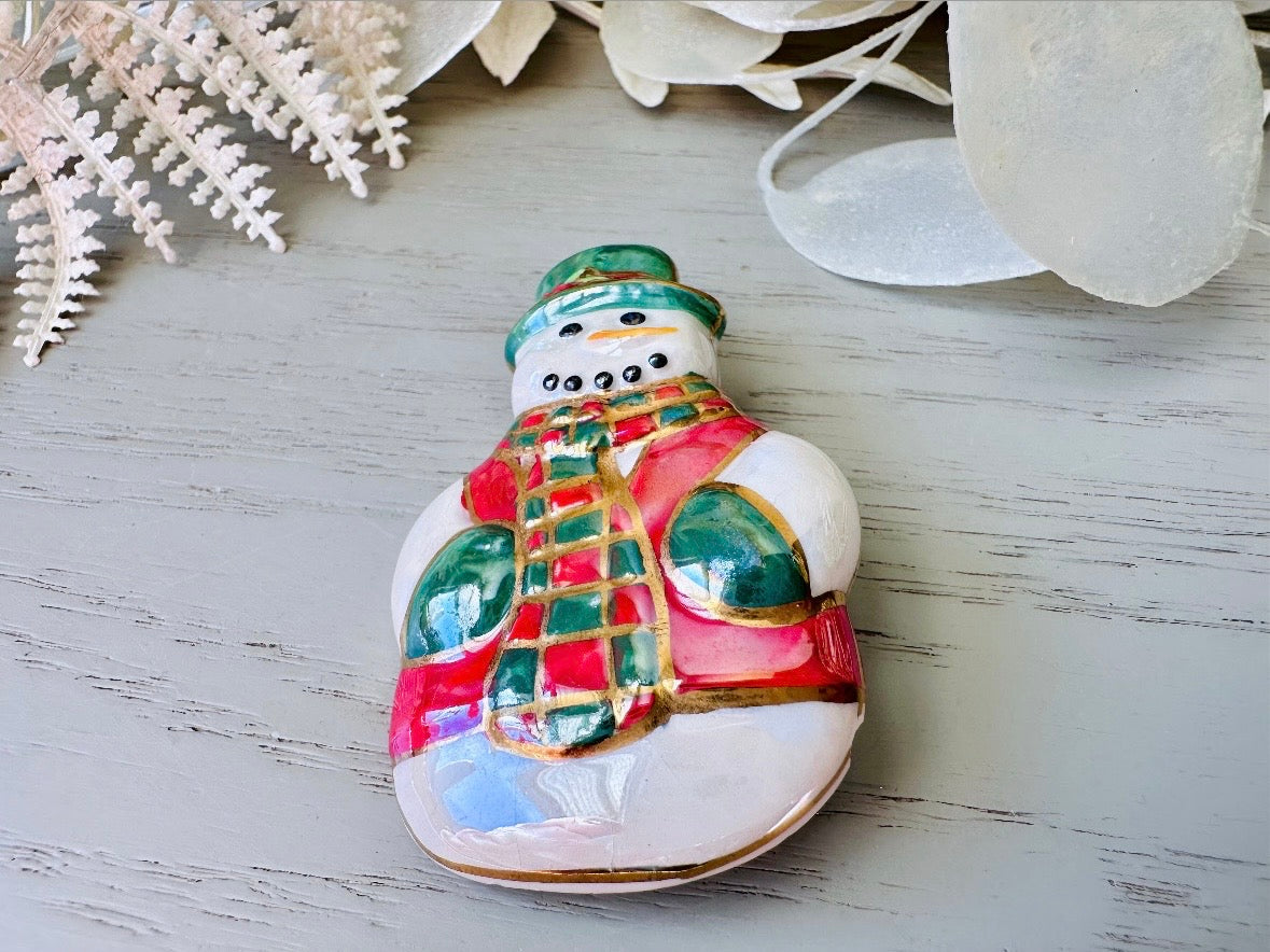 Vintage Snowman Brooch, Winter Wonderland Pin, Red White and Green Pearlized Ceramic 1980s Broach Pin, Cute Snow Man Quirky Christmas Gift