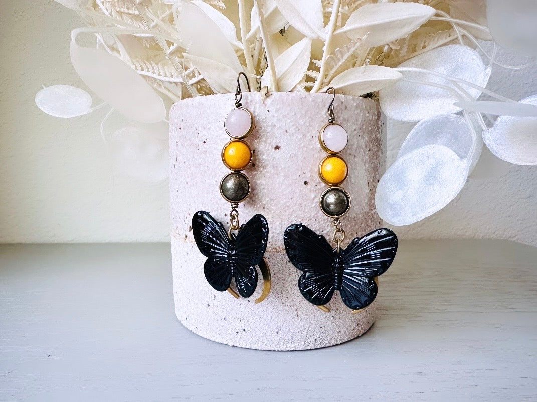 Gemstone Butterfly Earrings, Whimsical Boho Handmade Earrings, Rose Quartz Yellow Jade & Pyrite Orbs in Bronze Frames Black Butterfly Moon