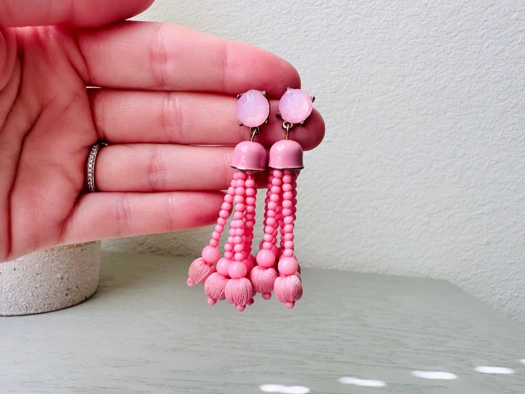 Pink Tassel Earrings, Bright Pink 1960s Earrings, Swinging 60s Vintage Earrings, Barbie Pink Mod Pop Beaded Fringe Pierced Fashion Earrings