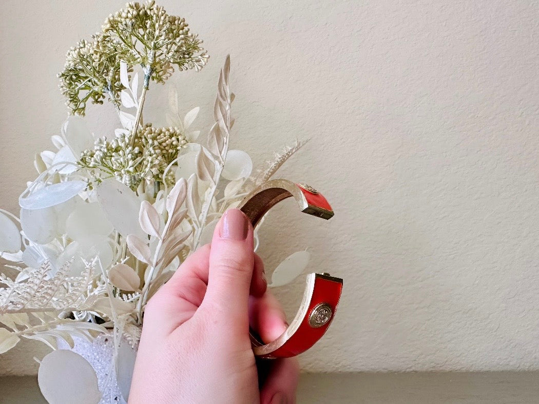 Vintage Orange and Gold Bracelet, 1980s Vintage Clamper Bracelet, Classic Etruscan Hinged Bracelet with Vibrant Orange Enamel, Gold Accents