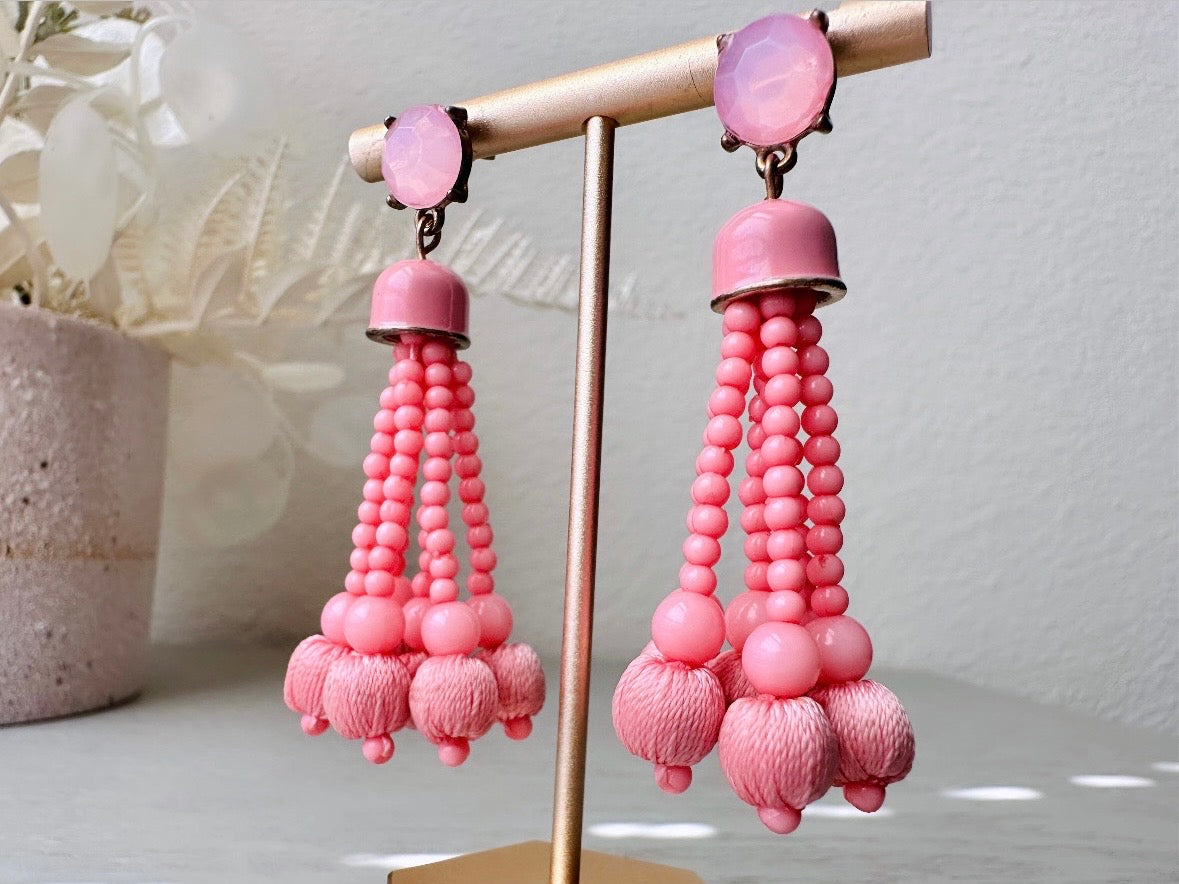 Pink Tassel Earrings, Bright Pink 1960s Earrings, Swinging 60s Vintage Earrings, Barbie Pink Mod Pop Beaded Fringe Pierced Fashion Earrings