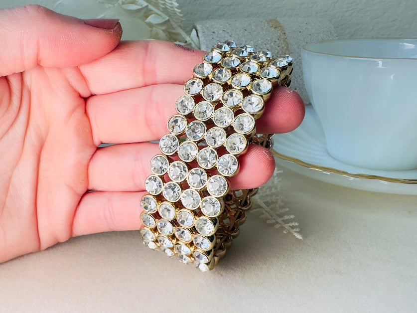Vintage Rhinestone Stretch Bracelet, Sparkling Wide Band 4 Four Layer Cuff