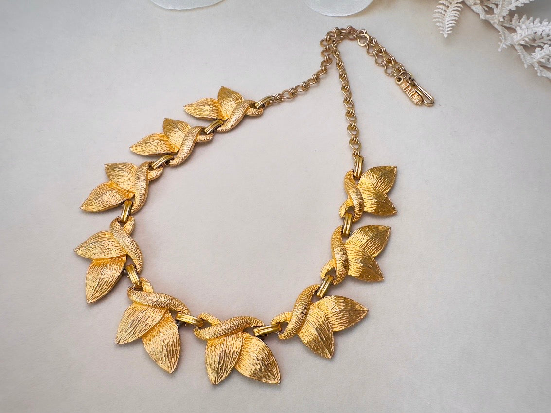 Gold Leaf Necklace, 1960s Vintage Golden Leaves Choker by Tara 5th Ave, Nature Inspired Textured Floral Choker with Adjustable Closure
