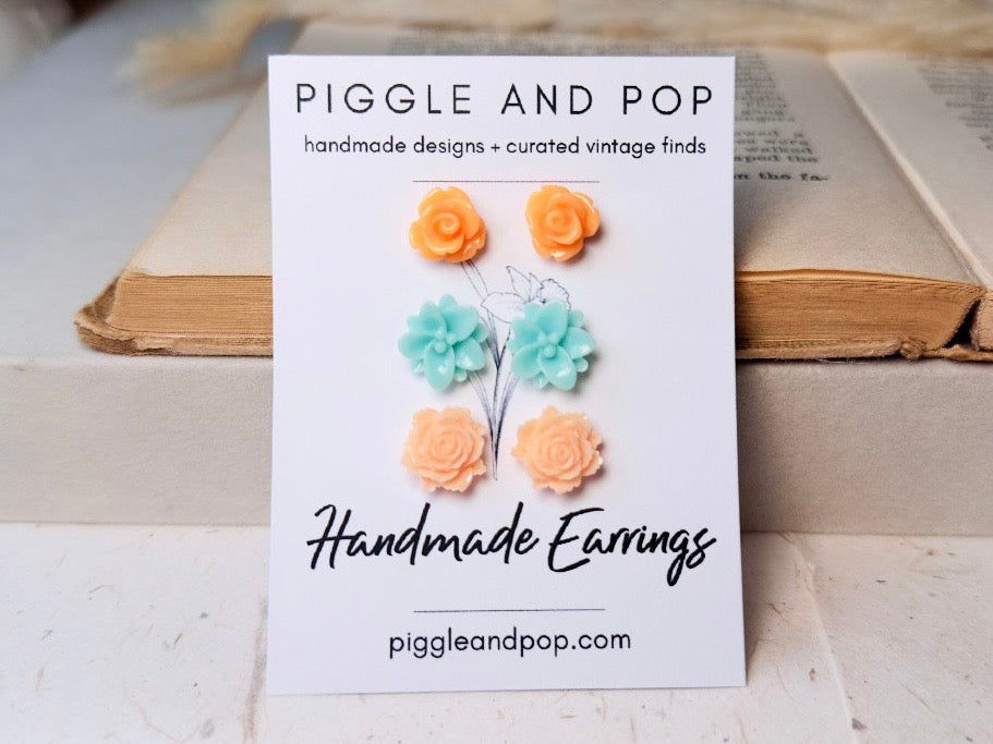 Flower Stud Earrings Set, Mint and Peach Post Earring Gift Set, Hypoallergenic Handmade Small Stud Earring