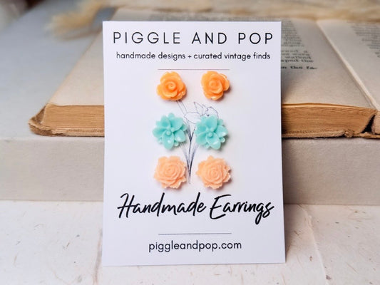 Flower Stud Earrings Set, Mint and Peach Post Earring Gift Set, Hypoallergenic Handmade Small Stud Earring