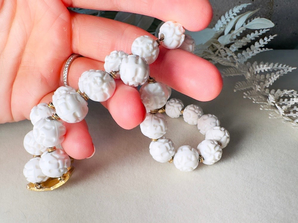 White Monet Bracelet, 1960s Carved Rose White Acrylic Beaded Double Strand Floral Bracelet
