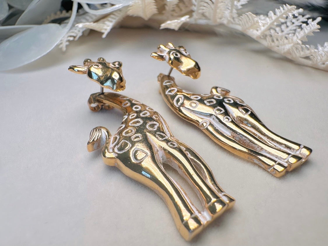 Vintage Giraffe Earrings, White and Gold Pierced Post Earrings with Moveable Head, Convertable Stud to Dangle Earrings, Animal Lover Gifts