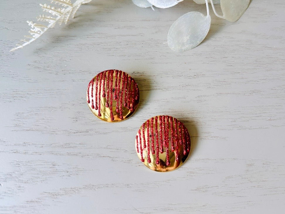 Vintage Red Glitter and Gold Earrings, 1980s Pierced Post Earrings, Gold Disc Earrings with Dripping Glitter, Authentic VTG Designer LA Rage