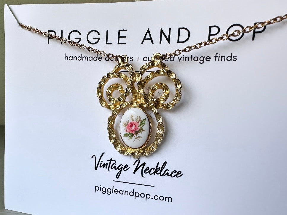 Bridgerton Rose Cameo Necklace, Vintage Gold Tone Floral Pendant Necklace, Cottagecore Porcelain Rose Flower Necklace, Long 24" Gold Chain Romantic Regency Era Necklace from Piggle and Pop