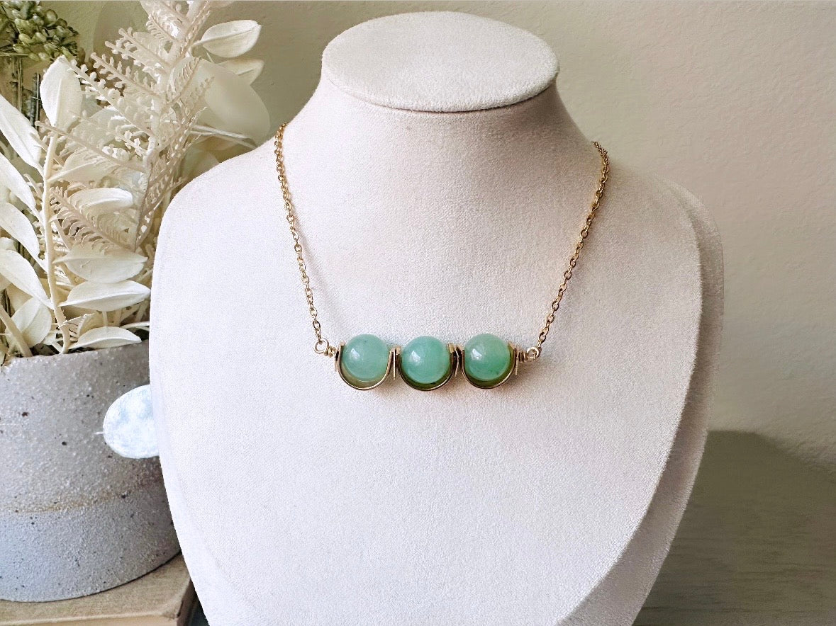 Green Aventurine + Raw Brass Necklace, Green Gemstone Triple Bead Half Moon Brass Frame Minimalist Sleek Stone 14kt Gold Handmade Necklace