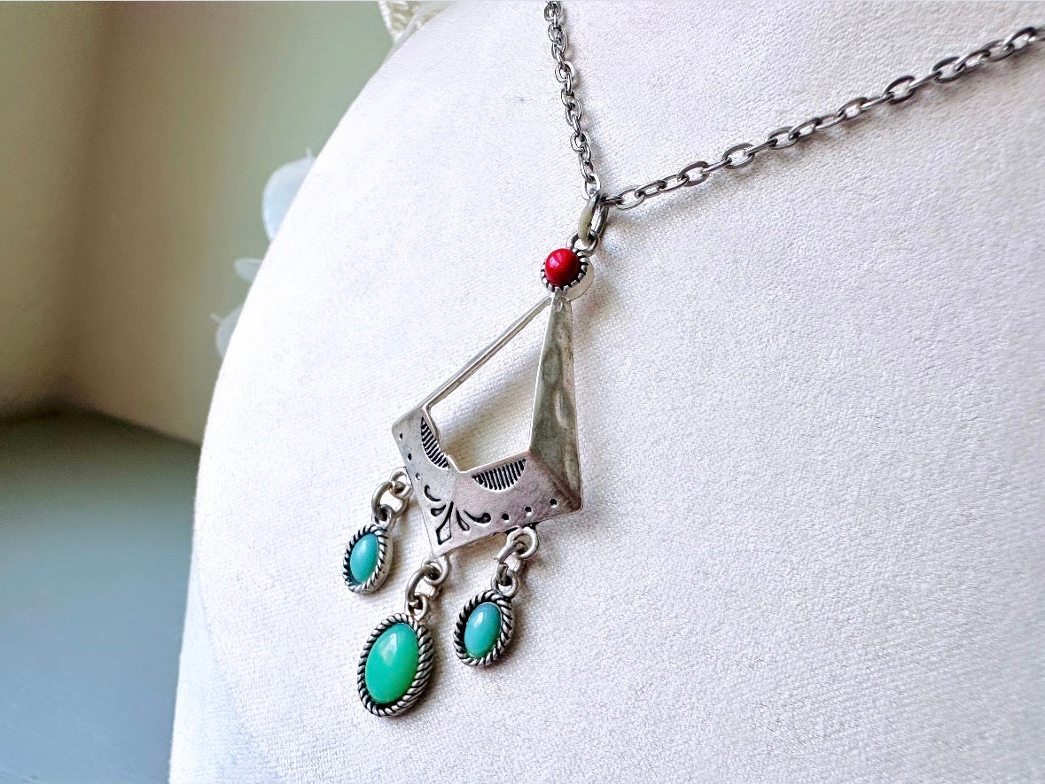 70s Vintage Long Silver Charm Necklace, Silver Tone Southwestern Necklace with Turquoise and Red Stones, Beautiful Vintage Pendant Necklace