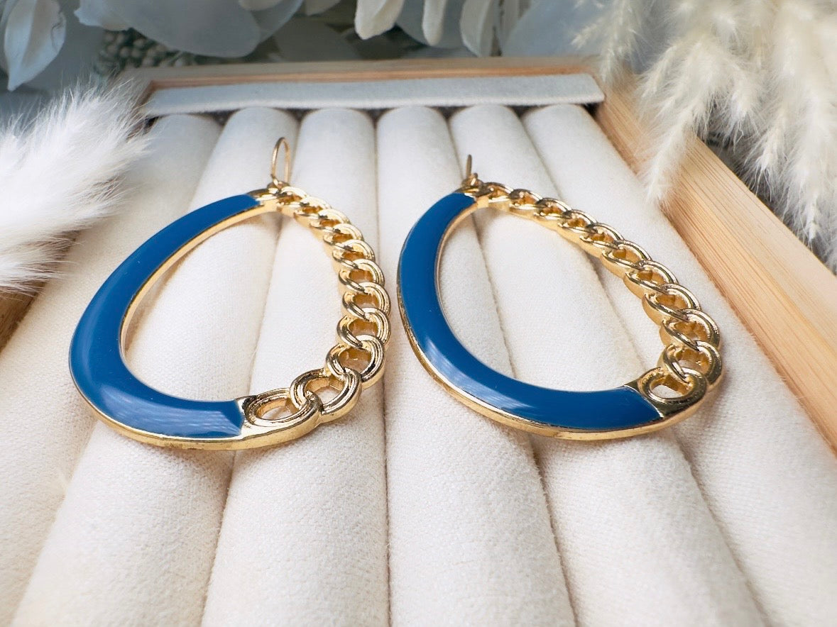 Teardrop Hoop Earrings with Blue Enamel and Gold Chain, Unique 80s Vintage Drop Earrings