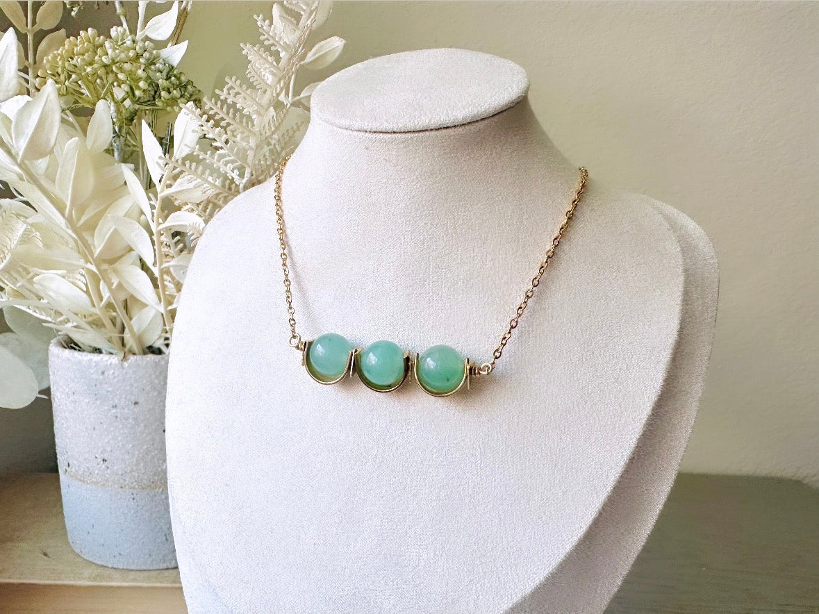 Green Aventurine + Raw Brass Necklace, Green Gemstone Triple Bead Half Moon Brass Frame Minimalist Sleek Stone 14kt Gold Handmade Necklace