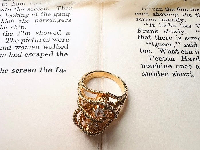 Vintage Statement Ring, Park Lane Twisted Rope Gold Ring with Swarovski Crystal Accents, Chunky Multi Stone Vintage Cocktail Ring 18K Size 6